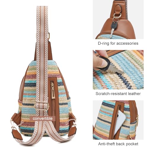 cakang Womens Sling Bag Crossbody Bags for Women Vegan Leather Sling Backpack Daypack Fanny Pack Crossbody Purse Travel - color: 8-rainbow Weaving-brown
