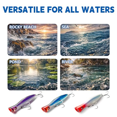6.2 Inch 2.73 oz Saltwater Topwater Popper Fishing Lures with 3/0 4X Strengthened BKK Treble Hooks, Through-Wire for Strength & Durability, Target GT, Tuna, Sea Bass, Marlin - color: A2-/2.73OZ-6.2''