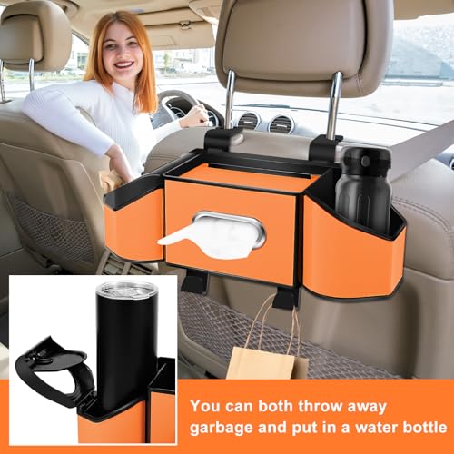 7-In-1 Car Seat Back Organizer with Cup Holders, Tissue Box, Garbage Can&Hooks, Multifunctional Headrest Storage Organizer, Headrest Cup Holder for Backseat, Car Accessories for Trips, Travels(Orange) - color: Orange