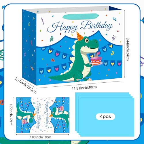 Hooqict Large Dinosaur Gift Bag with Handles, Tissue Paper and Greeting Card Blue Dinosaur Happy Birthday Party Bag for Boys Kids Goodie Treat Candy Party Favors - color: Dinosaur