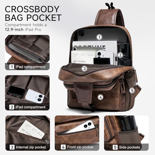 MOYYI EDC Crossbody Bag for Men Leather Sling Bag, Tactical Chest Bag with USB Charging Port, 7L Small Casual Daypacks for Travel - color: 8069brown