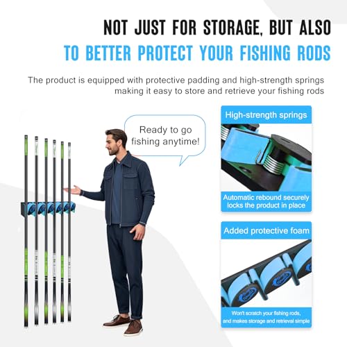 Vertical Fishing Rod Holder, Wall Mounted Fishing Rod Holder, Fishing Pole Rack Holds Up to 6 Rods or Combos, Fishing Rod Holders for Garage, Fits Most Rods of Diameter 3-19mm (1, Blue)