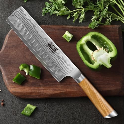 HOSHANHO Damascus Nakiri Knife 6.5 Inch, Super Sharp Damascus 10Cr15CoMoV Japanese Kitchen Knife, Cleaver and Vegetable Knife with Ergonomic Olive Wood Handle - style: 6.5 Inch Nakiri Knife