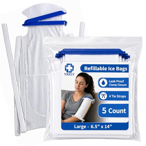 Vakly Large Refillable Ice Bags 6.5 x 14 [Pack of 5] – Reusable Ice Pack with Clamp Closure, Soft Outer Covering & Leak-Resistant Inner Layer for Hospital, Home & Sports Use