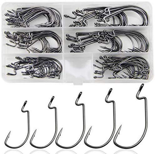 Bass Fishing Worm Hooks Set, 120pcs 3X Offset High Carbon Steel Worm Bait Jig Fish Hooks for Trout Saltwater Freshwater Fishing Tackle Accessories