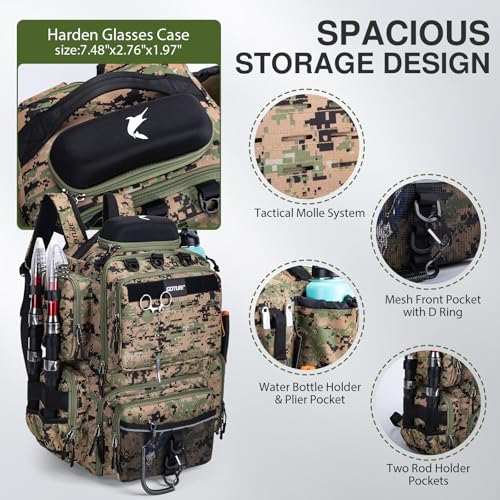 Goture Fishing Backpack, 900D Water-Resistant Tackle Backpack with Rod Holders, Hard Sunglasses Case, 45L Large Storage Gear Tackle Bag with Rain Cover, Bottle Holder for Travel Camping Hiking - color: A1:camo 5#, size: Without Tackle Boxes