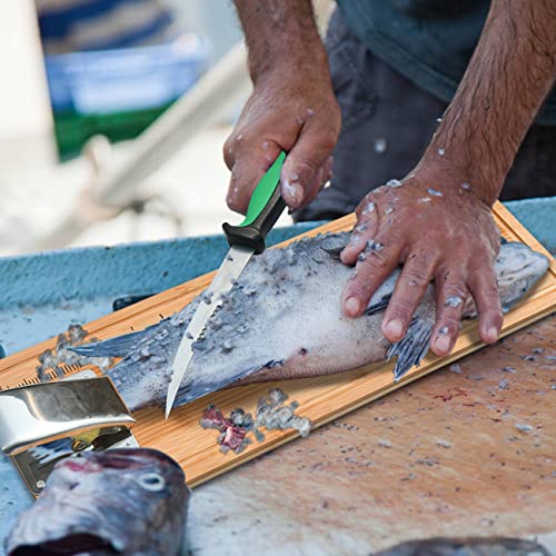 18" Bamboo Fish Cleaning Board Kit Anti-slip Fish Cutting Board Set Fish Filet Board with Scale Fish Measure Board Include Fish Fillet Knife, Clamp, Sharpener,Gloves, Fisherman Gifts