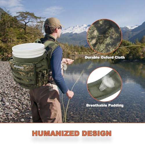 Fishing Bucket Backpack with Rod & Plier Holder and Pockets for Fishing, Hunting, Apple Picking for 5 Gallon Bucket (Camo) - color: Camo