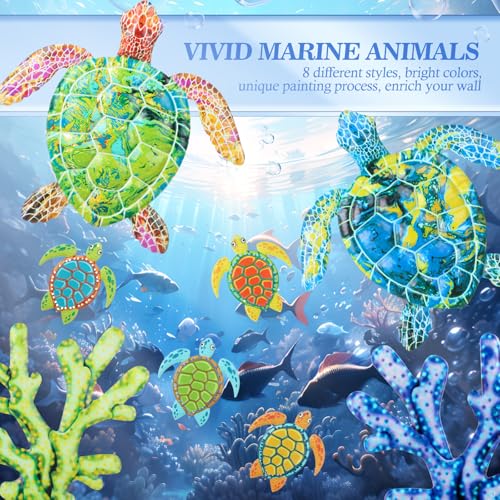 Tandefio 8 Pcs Metal Wall Decor Wall Art Hanging Decorations Outdoor Indoor Sculptures for Garden Fence Pool Home Porch (Turtle, Coral) - style: Turtle, Coral