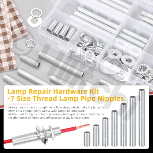 Hilitchi 140PCS M10 Lamp Pipe Nipple Hollow Lamps Repair Part Hardware Hollow Lamp Rod Assortment Kit Includes Flat Washer Teeth Washer Hex Nuts for Light Fittings Outdoor Lamps