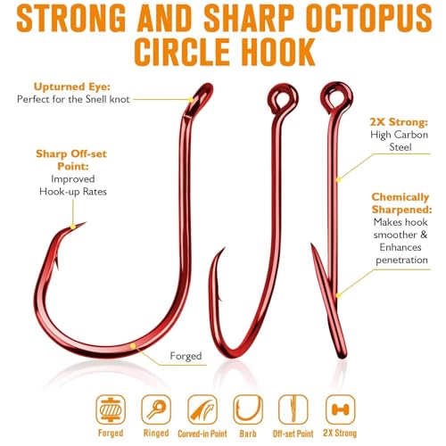 Dovesun Circle Hooks for Catfish 2X Strong 100PCS Catfish Hooks Octopus Circle Hooks Saltwater and Freshwater Black & Red Size 1/0-8/0 - color: Red, size: 4/0*80PCS