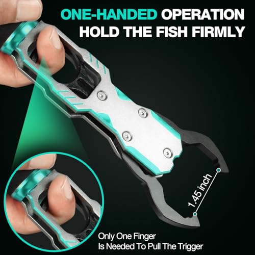 Ghosthorn 11" Aluminum Alloy Fish Lip Gripper with Scale - 40lbs Saltwater Fishing Grabber Tool, 360° Swivel Non-Slip Handle, Corrosion-Resistant Fish holder for caught fish, Fish Control Tackle - color: Green