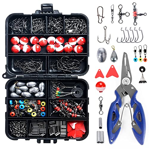 263pcs Fishing Accessories Set with Tackle Box Including Plier Jig Hooks Sinker Weight Swivels Snaps Sinker Slides - color: Red & white