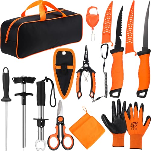 RoundFunny 13 Pcs Fishing Tool Kit, Fishing Pliers with Lanyard, Fillet Knife, Fish Lip Gripper, Hook Remover, Braid Scissors, Sharpening Rod, Tool Retractor, Gloves, Towel, Storage Bag