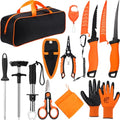 RoundFunny 13 Pcs Fishing Tool Kit, Fishing Pliers with Lanyard, Fillet Knife, Fish Lip Gripper, Hook Remover, Braid Scissors, Sharpening Rod, Tool Retractor, Gloves, Towel, Storage Bag