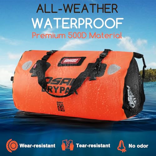 OSAH DRYPAK Waterproof Duffel Bag - Motorcycle Dry Bag Tail Bag with Large Storage Space, Waterproof Luggage Duffle Bags with Outer Mesh Zipper Pocket for Camping, Kayaking, Fishing & Traveling - color: Orange, size: 60L