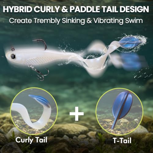 TRUSCEND Duramax TPE Soft Fishing Lures with BKK Hooks, Easy Catch Curly & T-Tail for Trembly Sinking & Vibrating Swim, UV or Glow Effect for All Conditions, Pre-rigged Swimbait for Bass Trout Crappie - color: A4-6'',1-3/4oz