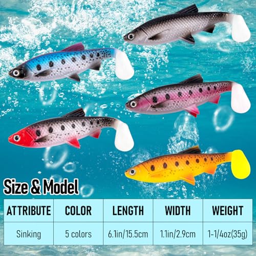 Alwonder 2-Pack Fishing Swimbait Soft Plastic Lures Saltwater, 6.1IN Texas Rig Paddle Tail Swim Baits Freshwater, Sinking Paddle Tail Soft Lure Bait for Pike Musky Bass Tarpon Halibut Mackerel Grouper - color: Pink and Black