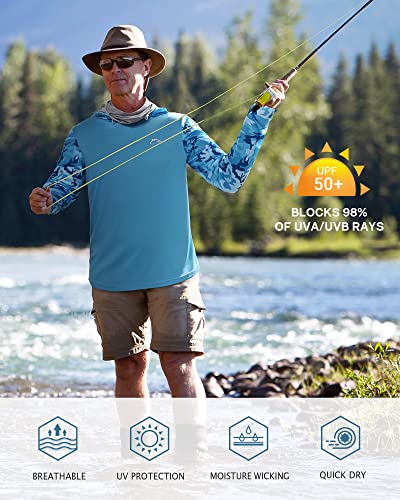FISHEAL Men's Performance Fishing Hoodie Shirt - UPF 50+ UV Sun Protection Long Sleeve Shirts with Mesh Face Mask - color: Sparkling Blue Camo, size: Large
