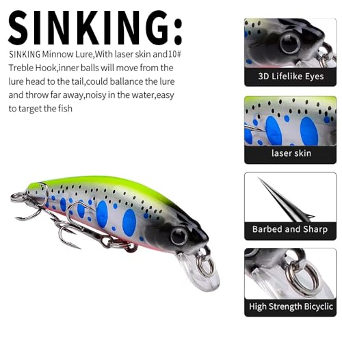 6Pcs Mini Minnow Fishing Lures Crankbaits Set, Fishing Hard Baits Hooks,Sinking Minnow Lures for Freshwater Saltwater Trout Bass Perch Fishing Lures