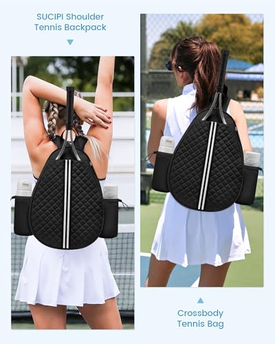 Sucipi Tennis Bag, Quilted Tennis Sling Crossbody Backpack, Water Resistant Tennis Racket Bags for Women Men, Suitable for Pickleball Tennis Badminton - color: Black, size: Medium