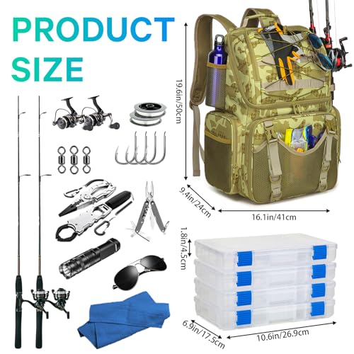 RUCYEN Fishing Backpack, 45L Large Cooler Fishing Tackle bag with Rod Holders & Rain Cover, Water-resistant Store Gear (Khaki Camo) - color: Khaki Camo