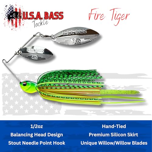 USA BASS Tackle Apache Attack Spinnerbait Type II Largemouth Smallmouth Spotted Bass Premium Fishing Bait Handtied Skirt Custom Blades Heavy Duty Hook New for 2025 - color: Fire Tiger, size: 1/2oz - Willow/Willow