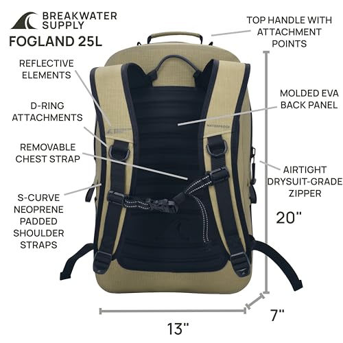 Breakwater Supply™ Fogland CORDURA Waterproof IP68 Submersible Backpack | Laptop Sleeve & Airtight Zippers for Outdoors, Travel, Hiking, Fishing, Floating Dry Bag, Unisex, TPU (Safari Tan, 25L) - color: Cordura Safari Tan, size: 25L