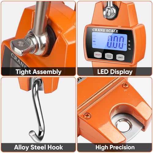RoMech 660lb Digital Hanging Scale with Cast Aluminum Case, Handheld 300Kg Mini Crane Scale with Hooks for Farm Hunting Fishing Outdoor (Orange) - color: Orange, size: 660lbs