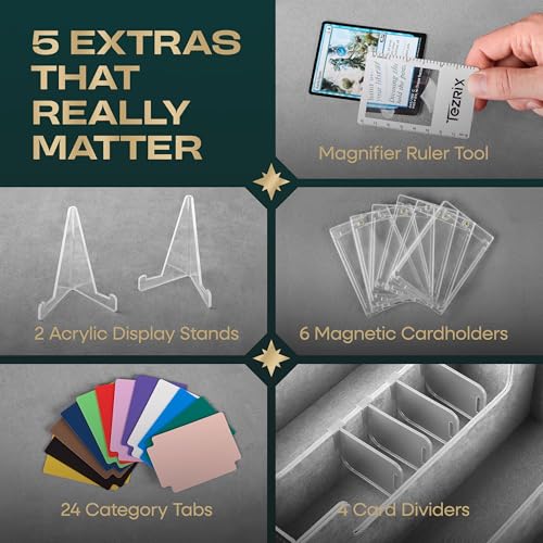 4-Row Mtg Trading Card Storage Box With Display Windows - Magnifier Ruler, 2 Display Stands, 6 Cardholders - 3000+ Card Case With Magnetic Closure, Sports TCG Card Organizer - Gray Card Boxes - color: Black, Gray (4 Row)
