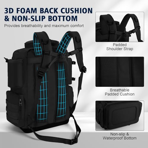 Goture Fishing Backpack, IPX EVA Bottom 55L Large Fishing Tackle Bag with Rod Holder, Rain Cover for Camping Hiking, 600D Fishing Bag Storage with 8 Lure Pockets, Fishing Gear and Equipment Black