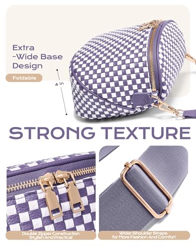 Trendy Woven Checkered Crossbody Bum Bag for Women，PU Leather Checkered Purse Fanny Packs Belt Bag (Woven Bum Bag - Cloudy Purple White) - color: Woven Bum Bag - Cloudy Purple White