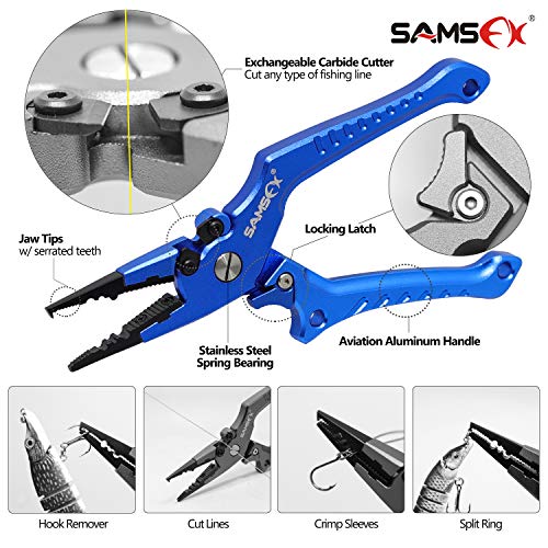 SAMSFX Aluminum Fishing Pliers Hook Remover Braid Line Cutter with Coiled Lanyard, Fly Fishing Knot Tying Tool & Retractors - color: 7'' Split Ring Nose, Sapphire Blue Handle