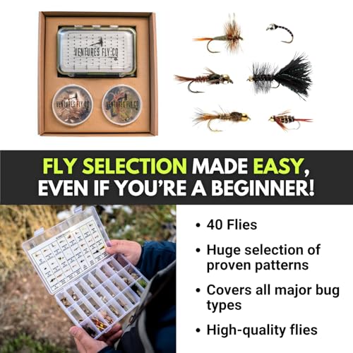 Ventures Fly Co. | Starter Packages | 23 Fly Fishing Accessories Complete Gear Combo | Perfect Beginner Kit | Includes Rod, Reel, Line, Flies, Leader, Tippet, Forceps, Nipper, Floatant & Net