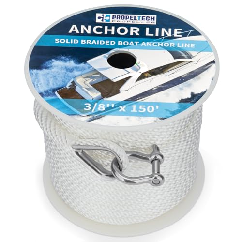Anchor Rope Braided Anchor Line(White, 3/8" x 150') Premium Solid Braid MFP Boat Rope with Stainless Steel Thimble & Shackle, Quality Marine Line, Boat Accessories - style: 3/8" x 150'