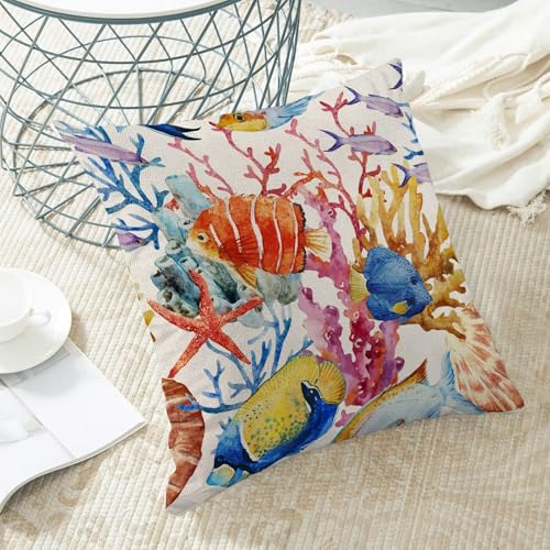 Coastal Pillow Covers 16 x 16 Set of 2, Ocean Colorful Coral Fish Outdoor Decorative Throw Pillows Farmhouse Linen Summer Beach Cushion Case for Home Couch Sofa Decor - color: Fish1, size: 16" x 16" (Pack of 1)