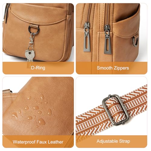 LATMAP 7L Sling Bag for Women Men Crossbody Belt Bag Small Travel Sling Backpack Anti Theft Chest Daypack Purse Faux Leather - color: Tan