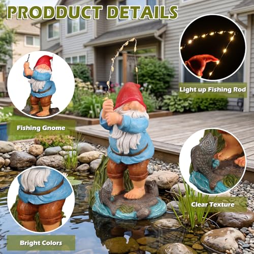 EXYGLO Solar Gnome Garden Statue Decor, 8.5" Fishing Gnome Outdoor Funny Decoration for Lawn, Patio, Yard, and Unique Housewarming, Birthday Ornament Gift for Mother, Friend, Family - style: Fishing Gnome
