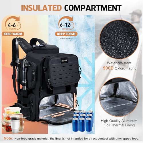 Goture Fishing Backpack, 58L 900D Water-Resistant Insulated Tackle Backpack with Cooler, Rod Holders, 8 Lure Pockets, Detachable Crossbody Bag, Gear Storage Large Fishing Bag for Camping Hiking - color: Black