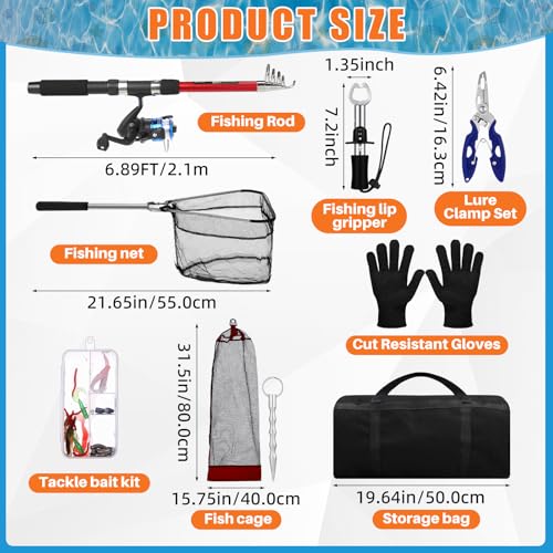 MiniInflat Telescopic Fishing Rod and Reel Combo, 6.89ft 2pcs Collapsible Rod with Plier Lip Gripper Lures Carrier Bag Pre-Loaded Spinning Reel Saltwater Freshwater Fishing Pole Kit - color: Red