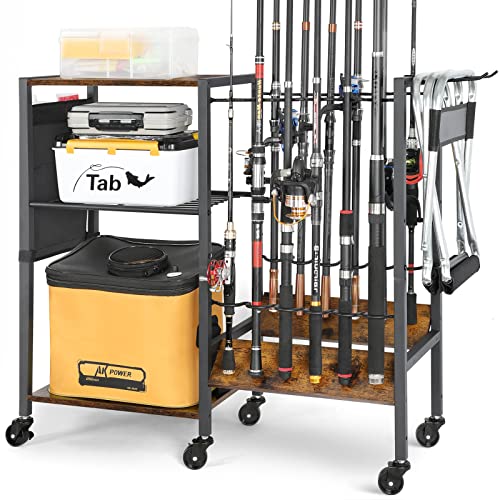 Olakee Fishing Rod Holders, Rolling Fishing Rod Rack for Garage & Boat, Tackle Box & Reel Holder Cart, Easy Assembly Fishing Gear Management System, Ideal Birthday Gift for Men Dad Anglers - color: 12 Rods,Carbonized Black