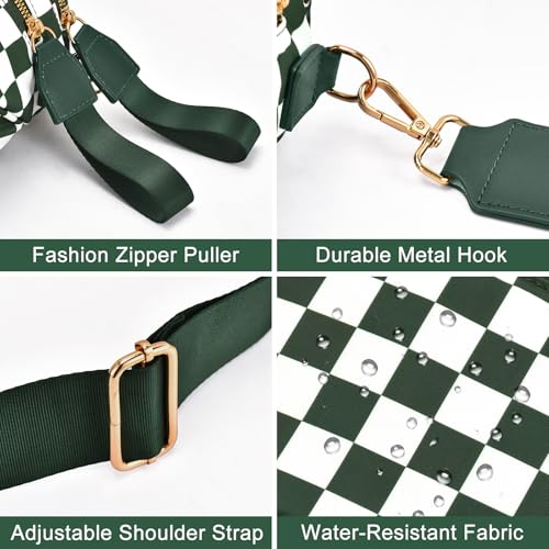 Checkered Nylon Crossbody Bag Bum Bag for Women Mom Large Checkered Fanny Packs with Adjustable Strap - color: Bean Green Checkered