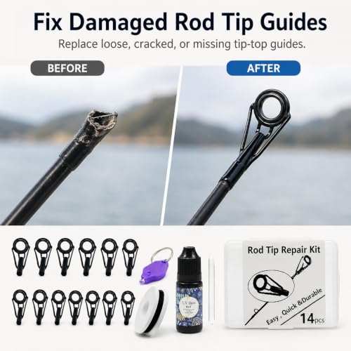 Fishing Rod Tip Repair Kit with UV Light & Glue | Complete Pole Tip Replacement Supplies for Broken Rods | 14 Sizes Top Eyelets, Wrapping Thread | Fishing Rod Repair Kit & Pole Repair Kit - color: 6+8+10#
