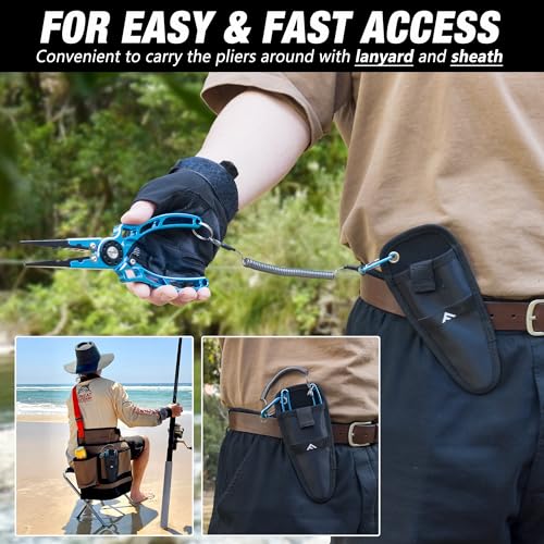 FLISSA Fishing Pliers, Safety Lock Design Fish Pliers Saltwater, Aluminum Hook Remover, Titanium 6Al-4V Jaw and Tungsten Carbide Line Cutters, Sheath & Lanyard, Fishing Gear Gifts for Men - size: 8-inch