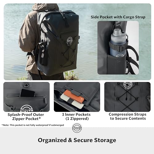STOVER 5/10/25/30/40/55L Waterproof Dry Bag- Roll-Top Backpack w/Phone Case- Kayaking, Hiking, Camping, Boating- Men/Women - color: 55l Black (With Phone Case), size: 55L