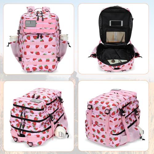Lovelinks21 25L Tactical Military Backpack Small Travel Rucksack for Men and Women Assault Pack Bug Out Bag Molle Daypack Gym Backpack with Bottle Holder (Strawberry) - color: Strawberry