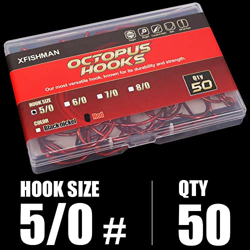 Octopus-Hook-Fishing-Beak-Circle-Hooks-Freshwater-Red-Black-100-50 Pack - color: 1-Red, size: Size:5/0 50-Pack