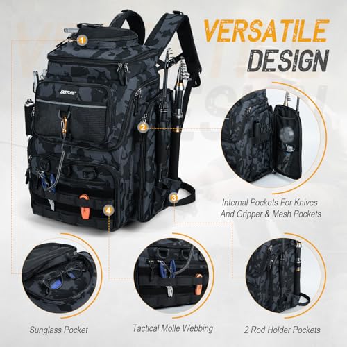 Goture Fishing Backpack with 4 Tackle Boxes, 900D Water-Resistant Tackle Backpack with Rod Holders,Insulated Cooler Compartment, 55L Large Capacity Fishing Gear Storage Bag for Saltwater & Freshwater - color: A3:camo(4 Tackle Boxes Included)