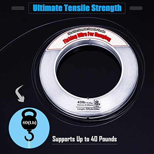 Clear Fishing Wire, Acejoz 656FT Fishing Line Clear Invisible Hanging Wire Strong Nylon String Supports 40 Pounds for Balloon Garland Hanging Decorations - style: 0.45mm, 656ft, 40lb