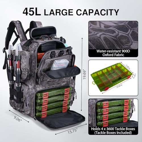 Goture Fishing Backpack with 4 Tackle Boxes,900D Water-Resistant Tackle Backpack with Rod Holders,Sunglasses Case,45L Large Storage Gear Bag with Rain Cover,Bottle Holder for Travel Camping Hiking - color: A2:camo 12#, size: Included 4 Tackle Boxes